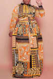 Tangerine Red Casual Print Bandage Patchwork O Neck Plus Size Two Pieces