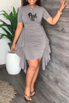 Grey Casual Print Tassel O Neck Pencil Skirt Dresses