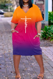 Orange White Fashion Casual Print Patchwork V Neck Short Sleeve Dress