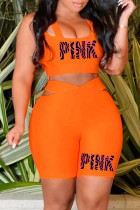 Orange Fashion Sexy Letter Print Hollowed Out Patchwork U Neck Sleeveless Two Pieces