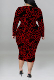 Apricot Sexy Print Leopard Patchwork V Neck One Step Skirt Plus Size Dresses