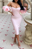 Pink Fashion Sexy Solid Backless Off the Shoulder Strapless Dress