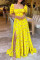 Yellow Fashion Casual Print Slit Square Collar Short Sleeve Dress