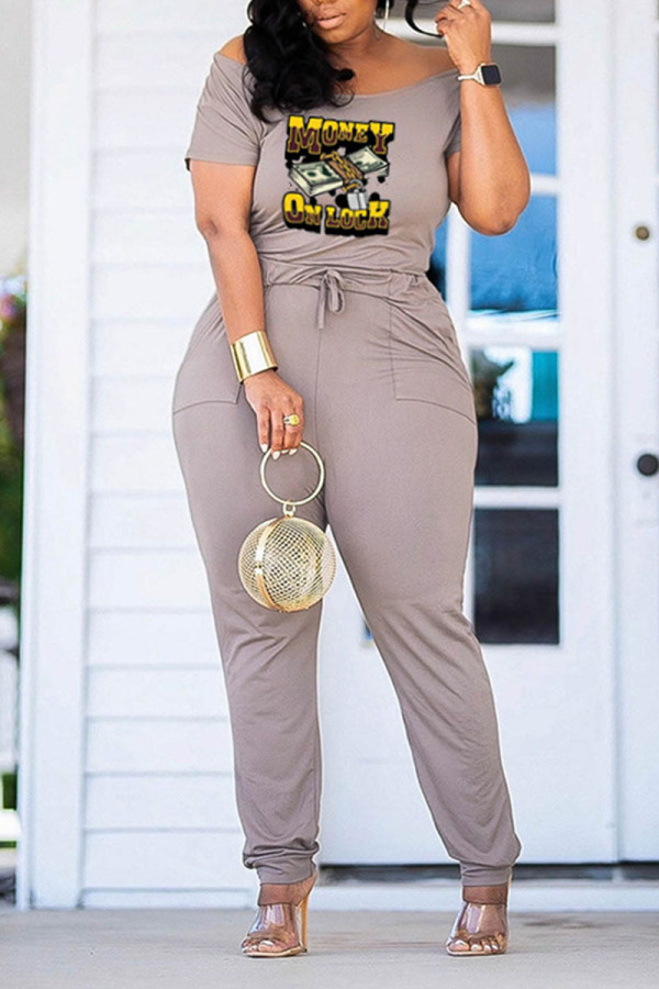 Grey Casual Print Patchwork Off the Shoulder Regular Jumpsuits