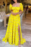 Yellow Fashion Casual Print Slit Square Collar Short Sleeve Dress