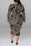 Dark Brown Sexy Print Leopard Patchwork V Neck One Step Skirt Plus Size Dresses