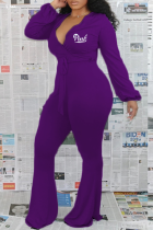 Purple Casual Print Patchwork V Neck Skinny Jumpsuits