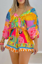 Multicolor Fashion Casual Print Patchwork V Neck Regular Romper
