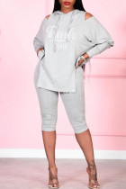 Grey Fashion Letter Hot Drilling Hollowed Out Patchwork Slit Hooded Collar Long Sleeve Two Pieces