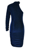 Blue Sexy Solid Patchwork Fold Oblique Collar Pencil Skirt Dresses