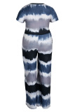 Blue Casual Striped Print Tie Dye Bandage Patchwork O Neck Plus Size Two Pieces