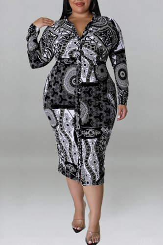 Black Casual Print Patchwork Buckle Turndown Collar One Step Skirt Plus Size Dresses