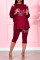 Burgundy Fashion Letter Hot Drilling Hollowed Out Patchwork Slit Hooded Collar Long Sleeve Two Pieces