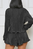 Black Casual Solid Bandage Patchwork Turndown Collar Long Sleeve Two Pieces