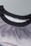 Purple Casual Striped Print Tie Dye Bandage Patchwork O Neck Plus Size Two Pieces