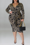 Dark Brown Sexy Print Leopard Patchwork V Neck One Step Skirt Plus Size Dresses