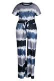 Blue Casual Striped Print Tie Dye Bandage Patchwork O Neck Plus Size Two Pieces