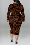Red Sexy Print Leopard Patchwork V Neck One Step Skirt Plus Size Dresses