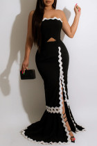Black Sexy Solid Hollowed Out Patchwork Backless Slit Strapless Evening Dress