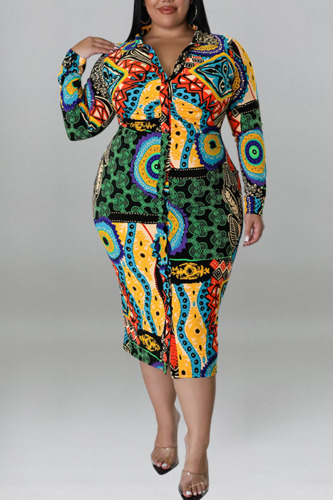 Green Casual Print Patchwork Buckle Turndown Collar One Step Skirt Plus Size Dresses