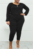 Black Fashion Casual Solid Patchwork O Neck Plus Size Jumpsuits
