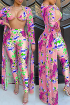 Pink Fashion Sexy Print Bandage O Neck Long Sleeve Three-piece set