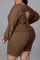 Dark Brown Casual Solid Patchwork O Neck Plus Size Two Pieces
