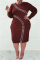 Burgundy Fashion Casual Solid Hollowed Out O Neck Long Sleeve Plus Size Dresses