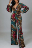 Leopard Print Casual Print Patchwork V Neck Straight Jumpsuits