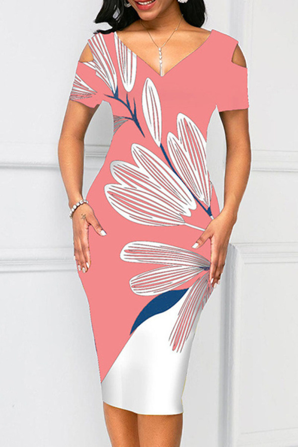 Pink Casual Print Patchwork V Neck One Step Skirt Dresses