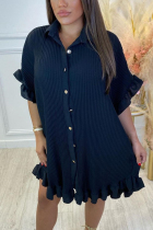 Black Fashion Solid Buckle Cardigan Collar Shirt Dress Dresses