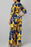 Yellow And Blue Casual Print Bandage Patchwork V Neck Straight Jumpsuits