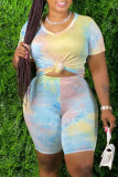 Pink Gray Fashion Casual Print Tie Dye Patchwork V Neck Plus Size Two Pieces