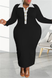 Black Fashion Casual Solid Patchwork Turndown Collar Long Sleeve Plus Size Dresses