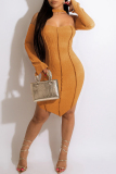 Yellow Fashion Sexy Solid Patchwork Backless Off the Shoulder Long Sleeve Dresses