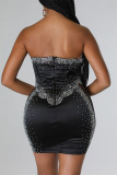 Black Fashion Sexy Patchwork Hot Drilling See-through Backless Strapless Sleeveless Dress