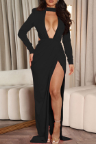 Black Fashion Sexy Formal Solid Hollowed Out Backless Slit O Neck Evening Dress