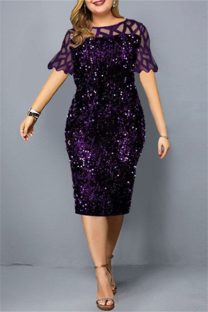 Dark Purple Fashion Patchwork Plus Size Sequins See-through O Neck Short Sleeve Dress