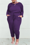 Purple Fashion Casual Solid Patchwork O Neck Plus Size Jumpsuits