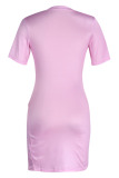 Pink Sexy Print Tassel Patchwork Slit V Neck One Step Skirt Dresses
