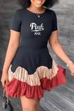 Pink Casual Print Flounce O Neck Cake Skirt Dresses