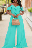 Lake Green Casual Solid Patchwork Flounce Spaghetti Strap Straight Jumpsuits