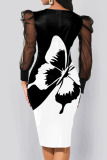 Black White Casual Print Patchwork V Neck One Step Skirt Dresses