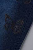 Dark Blue Fashion Casual Butterfly Print Patchwork High Waist Regular Denim Jeans