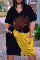 Black Yellow Fashion Casual Print Patchwork V Neck Short Sleeve Dress