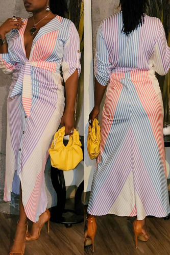 Colour Casual Solid Patchwork Buckle Turndown Collar Shirt Dress Dresses