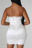 White Fashion Sexy Patchwork Hot Drilling See-through Backless Strapless Sleeveless Dress