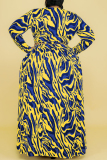 Yellow Blue Fashion Casual Print Patchwork O Neck Plus Size Two Pieces