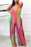 Multicolor Casual Print Patchwork Halter Straight Jumpsuits