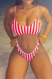Red Fashion Sexy Striped Print Backless Swimwears (With Paddings)